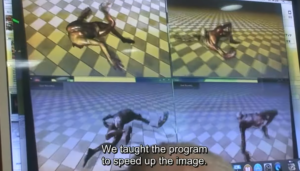 Computer screen showing four angles of a grotesque, AI-generated humanoid crawling on a checkered floor. Subtitle reads: “We taught the program to speed up the image.”