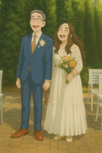 AI-generated Ghibli-style illustration of a joyful couple on their wedding day. The man wears a blue suit with a floral tie and boutonnière, while the woman wears an off-white dress, holding a bouquet of orange and white flowers. Both are laughing and holding hands, with trees and outdoor chairs in the background.