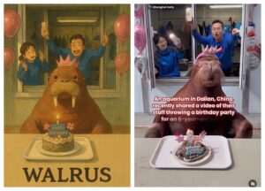 Side-by-side comparison of an AI-generated Ghibli-style illustration of a walrus’s birthday and the real-life photo it was based on. Both show an 8-year-old walrus named Nikolai wearing a pink tiara, sitting in front of a birthday cake, with staff cheering through a window at an aquarium in Dalian, China.