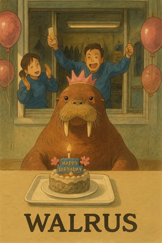 Illustration of a walrus wearing a pink crown, sitting behind a birthday cake with a 'Happy Birthday' sign, while two cheerful aquarium staff members celebrate in the background. The scene is drawn in a Ghibli-inspired art style.