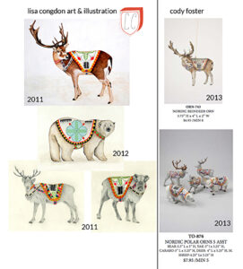 Image showing Lisa Congdon’s 2011–2012 Nordic animal illustrations next to Cody Foster’s 2013 ornaments that appear to imitate her style, highlighting concerns over artistic copying.