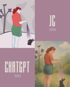 Side-by-side comparison image titled “Taffy.” Top left shows an original 2006 digital illustration by JC featuring a girl holding a purple cloth in front of a black rabbit in a minimal, flat-style landscape. Bottom right shows a 2025 AI-generated reinterpretation of the same scene in a soft, painterly style, with more depth, texture, and natural elements like trees and clouds.